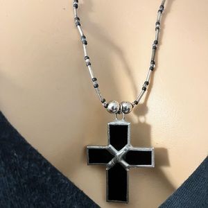 Vintage Black Enamel Silvertone Metal Beaded Cross 25” long STG stamp Handmade